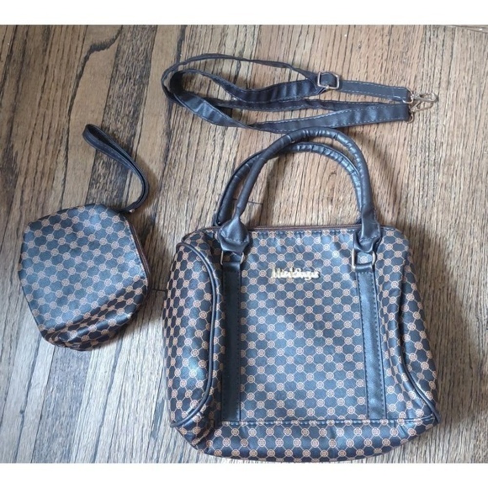 Mei & Ge 2-Pc‎ Handbag Set – Brown Geometric Bowling Bag & Matching Wristlet